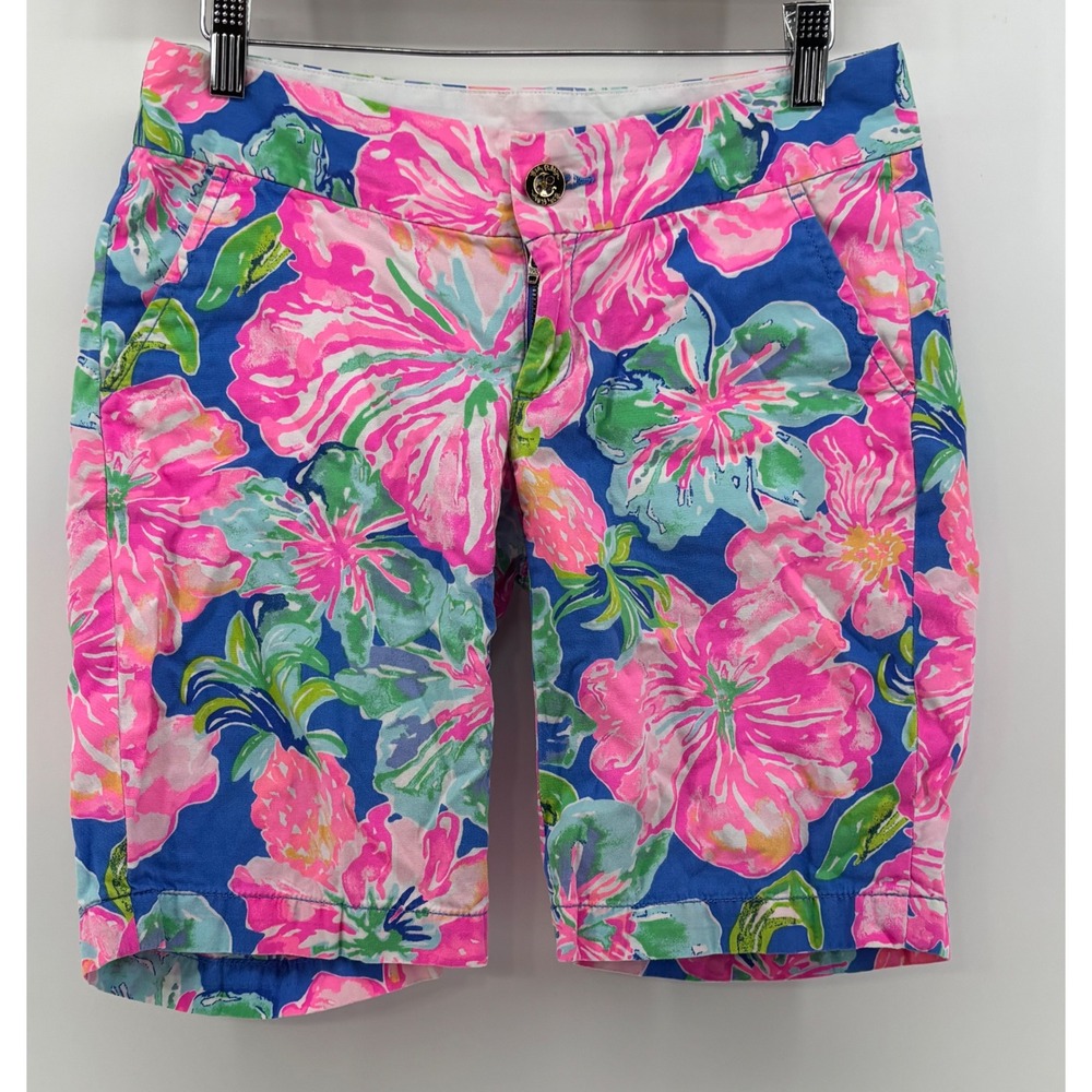 Lilly Pulitzer Chipper Shorts Women 00 Blue Pink Floral 10 Inch Inseam